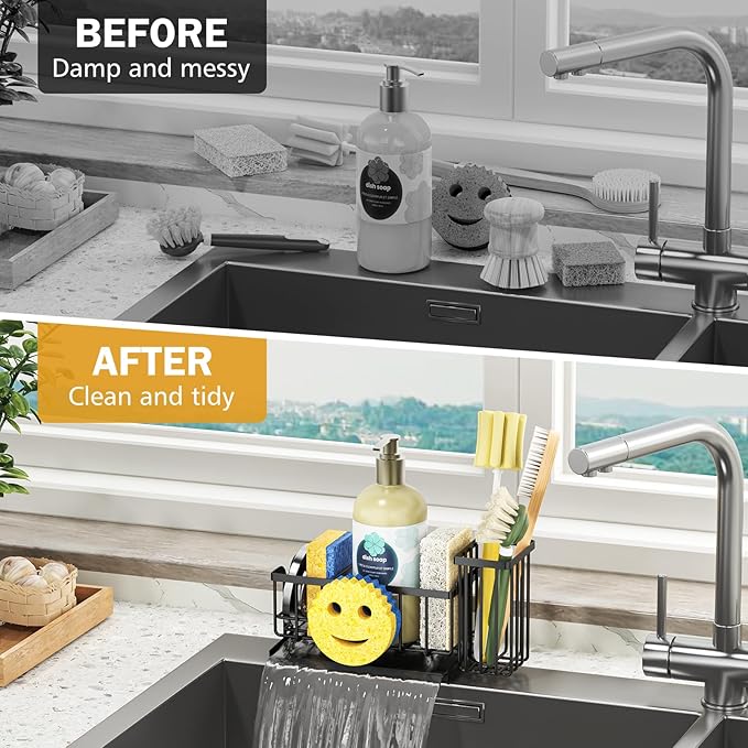 Epicano Sink Caddy Sponge Holder, Smiley Face Sponge Rack with High Brush Holder,Rustproof Kitchen Countertop Organizer,Kitchen Gadgets Sink Accessories, Black