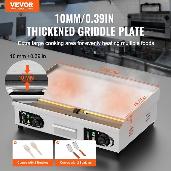 VEVOR Upgraded Commercial Electric Griddle, 2800W Stainless Steel Countertop Flat Top Grill, 26'' Griddle Grill with 2 Shovels and 2 Brushes, 122℉-572 ℉ Adjustable Temp, for Home Restaurant(No Plug)