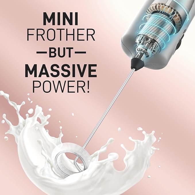 Mini & Mighty Milk Frother Wand – Powerful Handheld Coffee Frother, Battery Operated Drink Mixer – Compact Pocket Size – Detachable Whisk for Latte, Cappuccino, Matcha, Hot Chocolate – Silver Black