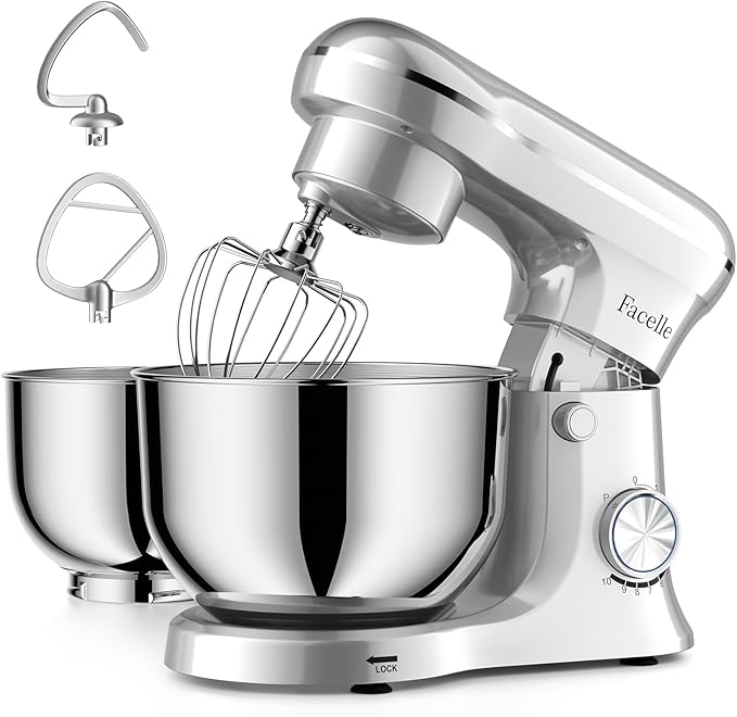 Facelle Tilt-Head Stand Mixer, 5QT+6QT Stainless Steel Two Bowls, 10 Speeds Kitchen Electric Food Mixer with Egg Whisk, Dough Hook, Beater, Dishwasher-Safe Attachment, Ideal Gift for Mom (Sliver)
