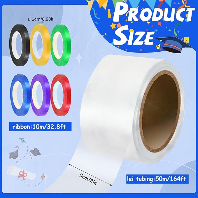 Jansun 2 Inch x 164 ft Poly Tubing Clear Graduation Candy Lei Tubing & 6 Rolls Ribbons Candy Lei Making Kit for Graduation Party Supplies
