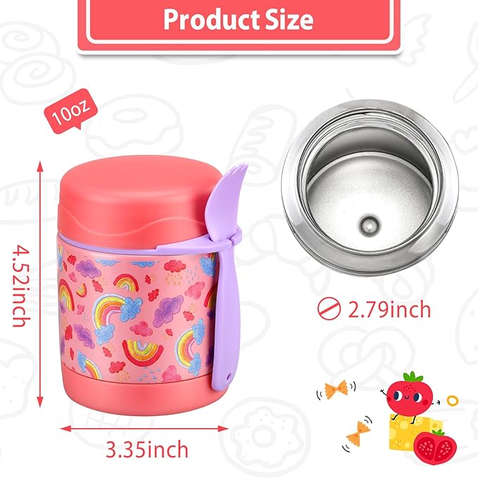 10oz Soup Thermo for Hot Food Kids,Lunch Thermo Kids Food Jar with Spoon Hot Insulated Food Containers,Leak Proof Stainless Steel Wide Mouth Lunch Thermo Jar for School(Pink-Rainbow)
