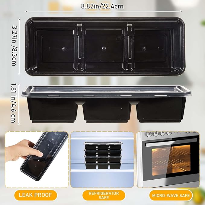 Hushee 5 Pack 17 oz Small Meal Prep Containers with 3 Compartments Snack Containers with Lid Disposable Plastic Bento Box Travel Lunch Food Boxes Stackable for Office Picnic (Black)