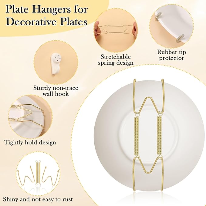 7 Pack Plate Hangers for Wall Display, 6/8/10/12 Inch Invisible Stainless Steel Plate Holders with Wall Hooks, Fit 5.5–12.5 Inch Decorative Plates, Plate Display Hangers for Home Wall Decor, Gold