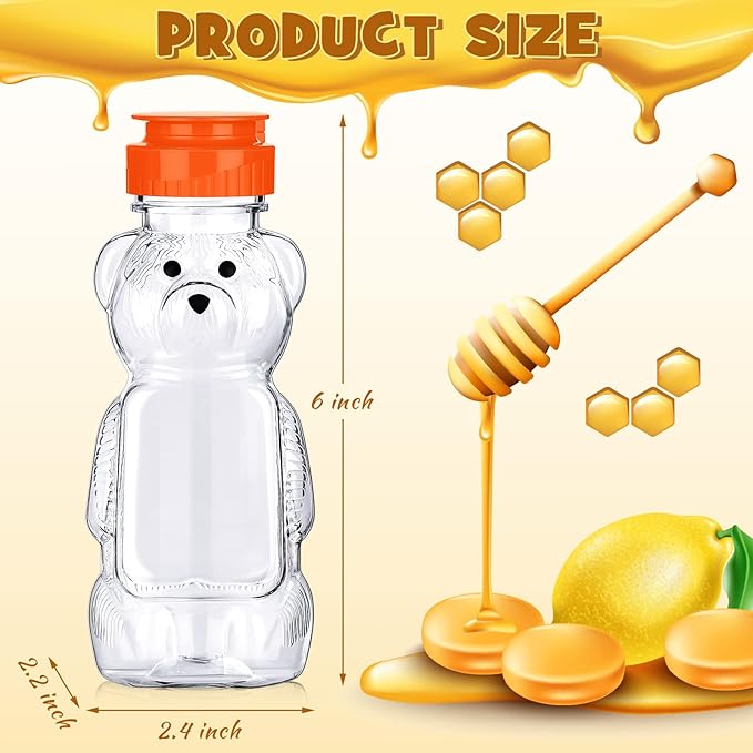 Thenshop 36 Pcs 8 oz Honey Jar Plastic Empty Bear Bottle Dispenser Clear Transparent Honey Containers Bear Cup Squeeze Bottle with Flip Top Lid for Storing Dispensing(Orange Lid)