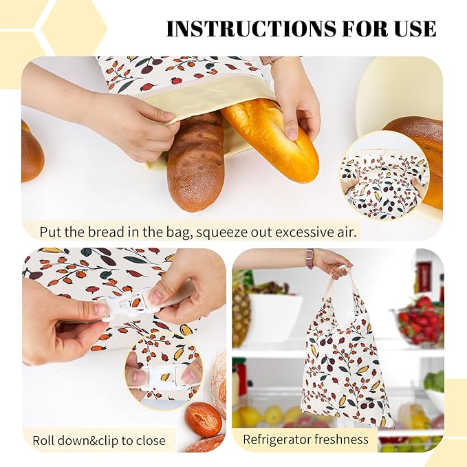 2 Pack Beeswax Bread Bags - 17x13 Inch Reusable Bread Storage Bags,Bees Wax Lined Bread Bags for Home Cooks fresh bread storage Easy Clean (Berry orange)