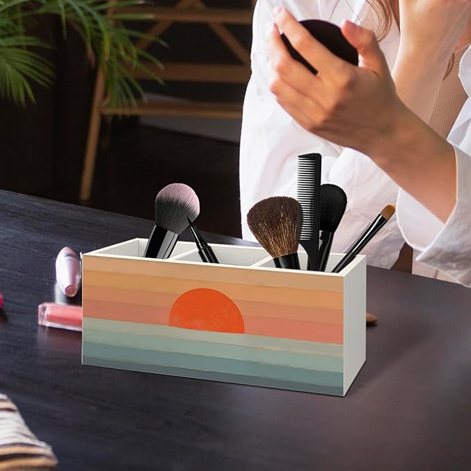 70s Retro Boho Sun Wooden Utensils Holder, Mid Century Modern Sunset Sunrise Wood Cooking Utensil Holder Organizer for Kitchen Countertop Counter Decor Accessories