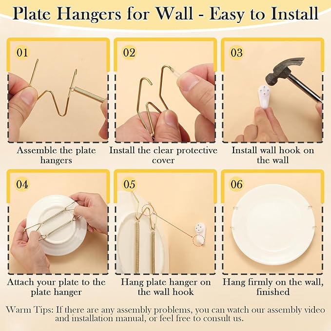 7 Pack Plate Hangers for Wall Display, 6/8/10/12 Inch Invisible Stainless Steel Plate Holders with Wall Hooks, Fit 5.5–12.5 Inch Decorative Plates, Plate Display Hangers for Home Wall Decor, Gold