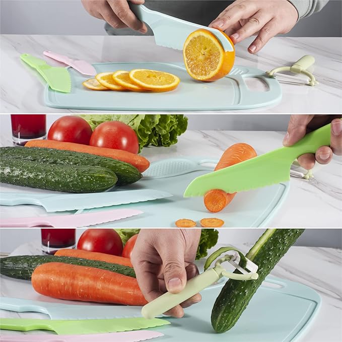 Kids Knifes Set, Kitchen Knife and Cutting Board Set, Children's Cooking Knives in 5 Sizes & Colors/Firm Grip, Serrated Edges, BPA-Free Kids' KnivesLettuce and Cutting Board Peeler
