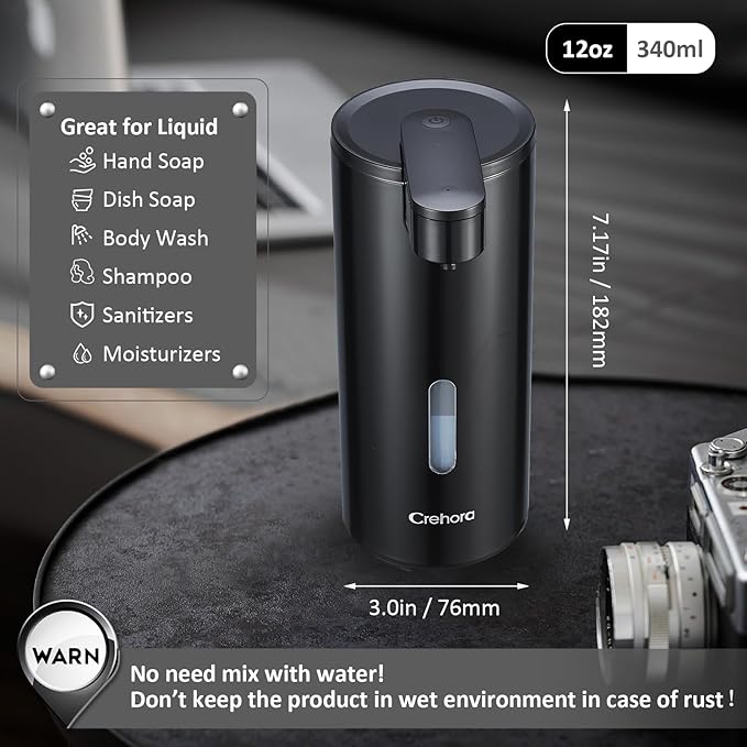 Automatic Soap Dispenser, Automatic Liquid Soap Dispenser Touchless, 12oz/340ml, 3-Level Adjustable, Battery Operated, Water-Resistant for Bathroom, Kitchen, and School, Clog-Free, Black