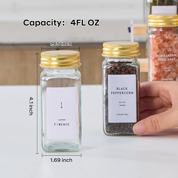 36 Pcs Glass Spice Jars with 576 Labels, 4oz Empty Square Spice Containers,Seasoning Bottles with Gold Metal Caps - Shaker Lids, Funnel and Pen Included