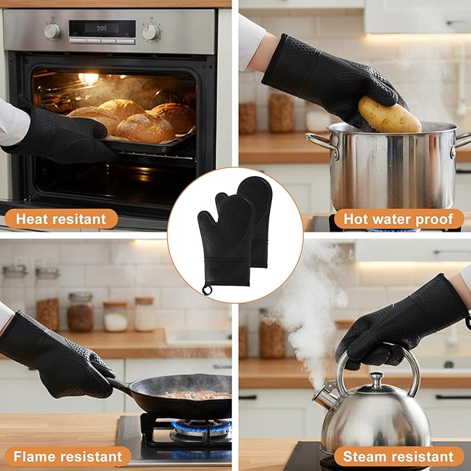6 Pcs Oven Mitts and Pot Holders Sets for Kitchen, Extra Long Silicone Oven Gloves High Heat Resistant 500 Degrees Non-Slip Potholders Hot Pads for Baking Cooking (Black)