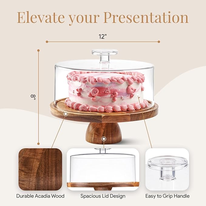 HOMESPHERE Acacia Wood Cake Stand with Lid - Multifunctional 12 In Round Cake Holder, Dessert Table Display Set & Charcuterie Board for Cheese, Chips, Fruit Platter, Acrylic Cake Dome Cover, No Glass