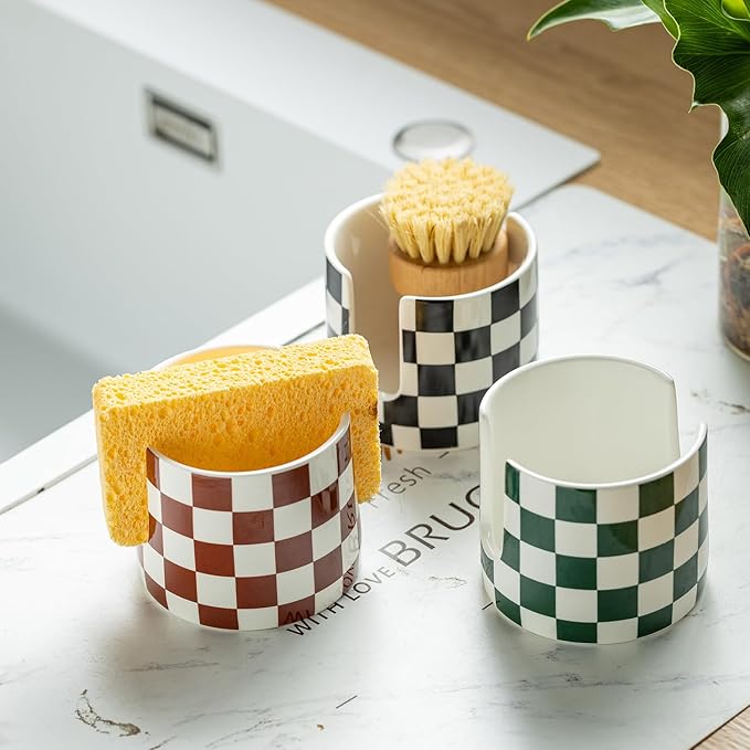 Ceramic Kitchen Sponge Holder, Dish Sponge Holder Suitable for Scrubby Farmhouse Drying Rack Brush Holder for Christmas Bathroom, Kitchen, Sink, Green and White