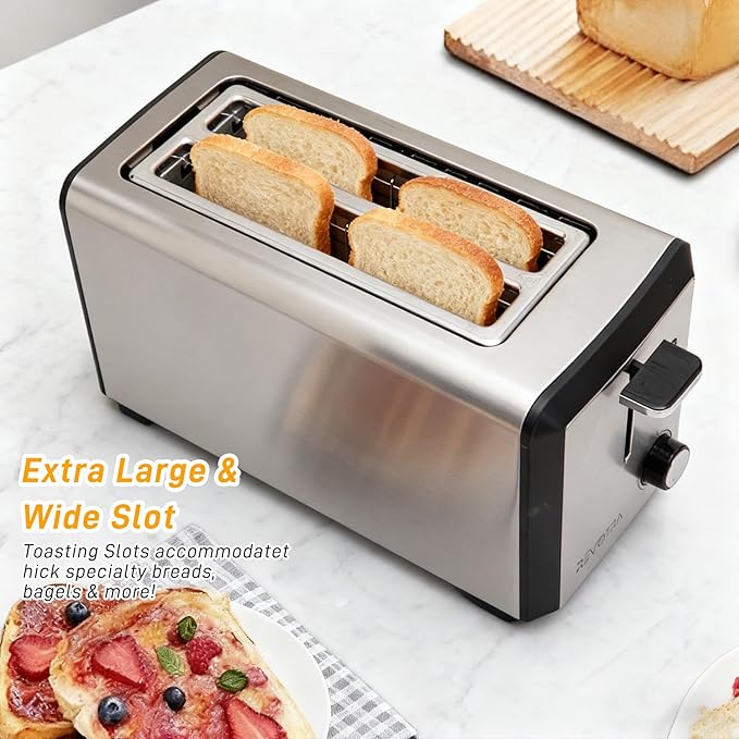4 Slice Long Slot Stainless Steel Toaster with Extra Wide 1.5” Slots, 6 Shade Browning Settings, Defrost Reheat Cancel Functions, Even Toasting for Artisan & Sourdough Bread, Removable Crumb Tray