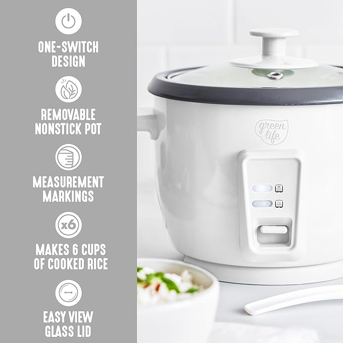 GreenLife Rice Cooker with Removable PFAS-Free Ceramic Nonstick Pot, 3-Cups Uncooked/6-Cups Cooked, Grains & Oatmeal Multicooker, Compact One-Switch Design, Auto Keep Warm, Easy Clean, White