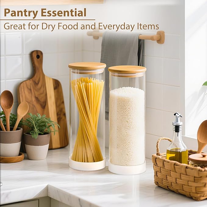 TBWIND 73oz Glass Spaghetti Pasta Containers for Pantry Organization, 3-Pack Large Airtight Food Jars with Bamboo Lids and Protective Silicone Base, Clear Storage Canisters for Flour, Cereal, Rice