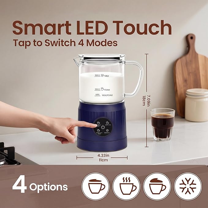 Casimhu 4-in-1 Milk Frother, Electric Milk Frother and Steamer with LED Touch Screen, Ceramic Lining Bottom, Milk Warmer 13.52oz for Lattes, Cappuccinos, and Macchiatos at Home (Navy blue)