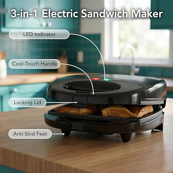 OVENTE Electric Sandwich, Panini and Waffle Maker Set with 3 Removable Non-Stick Plates, 750 Watts, Perfect for Grilled Cheese, Tuna Melts, Burgers, Steaks and Snacks, Black GPI202B