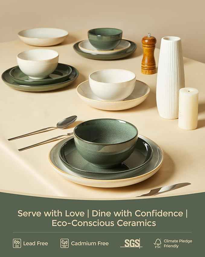 Plates and Bowls Sets for 8, 24 Piece Dinnerware Set for Large Families & Entertaining, Elegant Design, Dishwasher & Microwave Safe, Chip Resistant and Durable, Forest Green