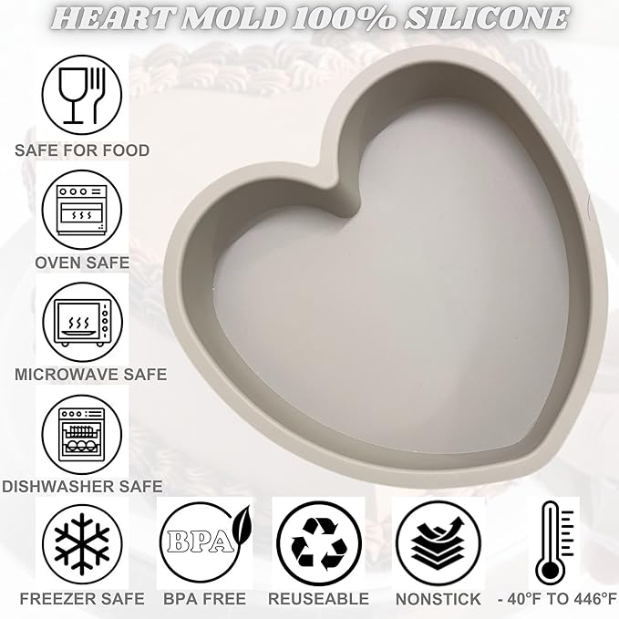 Heart Shaped Cake Pans 8 Inch – 1 PCS Nonstick Silicone Heart Cake Pan for Baking, Oven & Microwave Safe Molds – Durable, Easy-Clean Matte Surface - Grade Novelty Shaped Cake Pans (Grey)