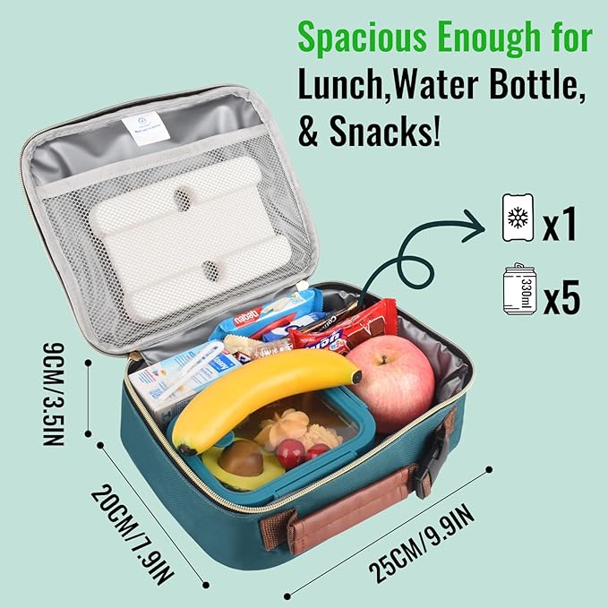 Genteen Lunch Box for Kids, Boys - Insulated Small LunchBox Reusable, Zip Closure & Buckle Handle, Portable Cooler for Work, School, Travel (Lake Green)
