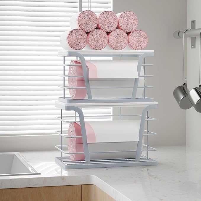 2 Pack Gray Trash Bag Organizer for Kitchen and Pantry, Upgraded Stackable Metal Garbage Bag Holder with Bamboo Top, Modern Under Sink Storage Dispenser for Laundry Room, Garage