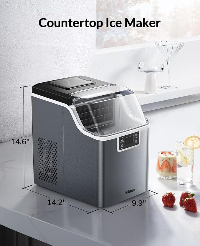 Silonn Countertop Ice Maker Machine, 26lbs in 24Hrs, Ice Cube Ready in 6-8 Mins, Self-Cleaning Ice Machine with Ice Scoop and Basket for Home Kitchen Office Bar Party