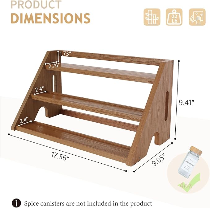 Bamboo Spice Rack Organizer -3-Tier Spice Rack for Countertop,Cabinet Spice Rack Organizer for 24 Spice Jars(4oz)，Step Shelf (Walnut)