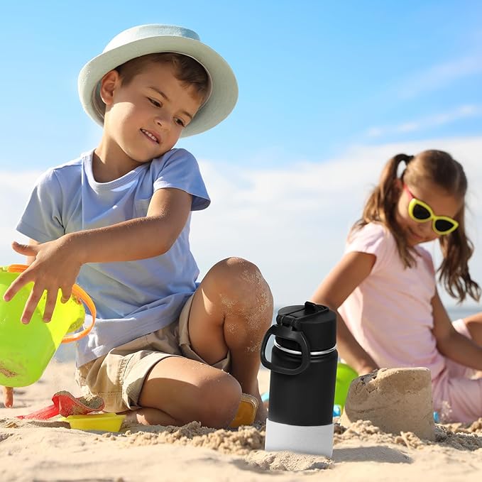 Volhoply 14oz KIds Water Bottle with Straw Lid and Silicone Boot Bulk 2 Pack,Stainless Steel Insulated Cups for Boys & Girls Multipack,Double Wall Vacuum Leakproof Bottles(black,2)