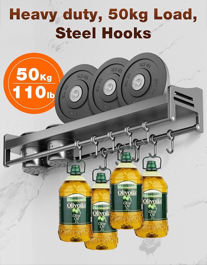 utensil hanger, wall mounted kitchen rail with hooks, waterproof hooks for kitchen utensils, easy installation without drilling (15.8 inches, Cups, 2)