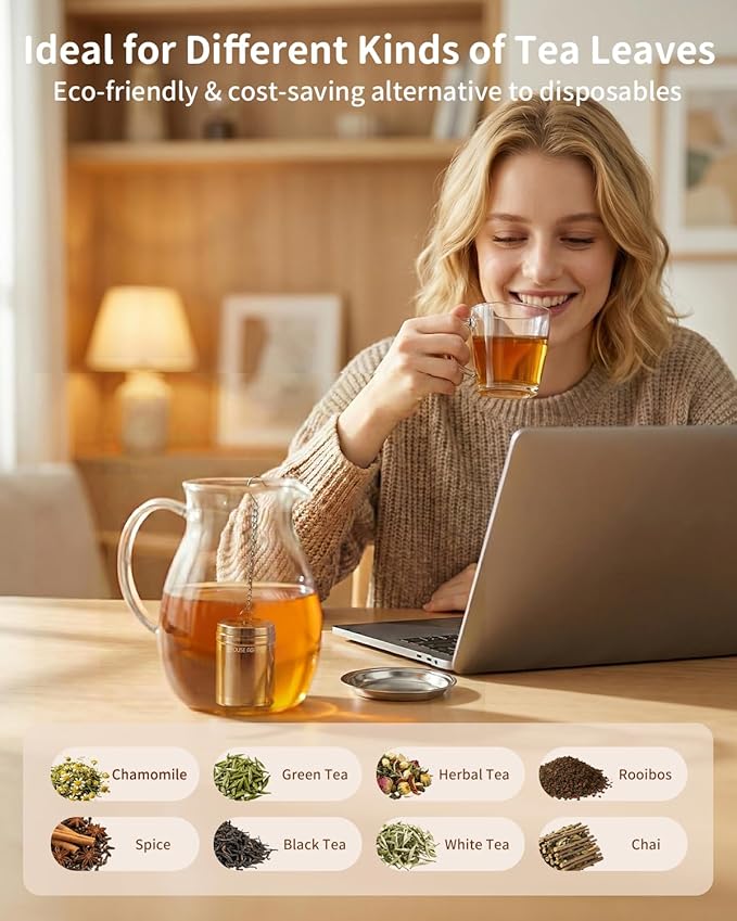 Tea Infusers for Loose Leaf Tea, Extra Fine Mesh Tea Strainer, Updated Slim Threaded Lid 304 Stainless Steel Tea Steeper with Drip Tray for Tea, Spices & Seasonings