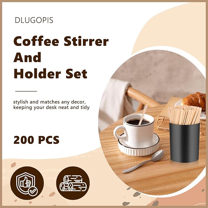 200 PCS Coffee Stirrer and Holder Set Wooden Coffee Stir Sticks 5.5 Inch Disposable Drink Stirrers Beverage Stirrer Sticks for Coffee (Wood & Black, 5.5 Inch Coffee Stirrers)