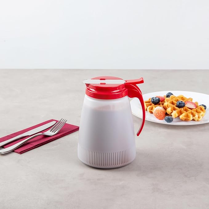 Restaurantware-Chef 101 48 Ounce All Purpose Syrup Dispenser, 1 Honey Dispenser - Red Top, Stainless Steel Slide Cover, Plastic Pancake Syrup Bottle, Perfect For Diners, Restaurants, Home
