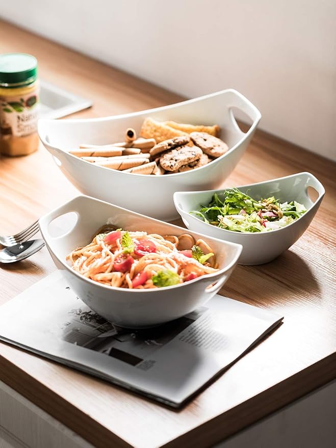 LAUCHUH Serving Bowls with Handles, Porcelain Serving Dishes White Nesting Bowls Mixing Bowl Set Salad Bowls for Entertaining, Mother's Day Party, Baby Shower, Set of 3, 15/28/49 oz