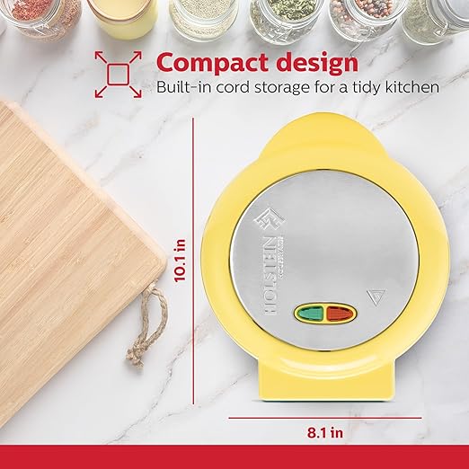 Holstein Housewares Stainless Steel 2 Section Omelet & Frittata Maker, Non Stick Coating, Easy To Clean, Indicator Lights, Compact Storage, Prepare Versatile Recipes in Minutes. 2 Portions, Yellow