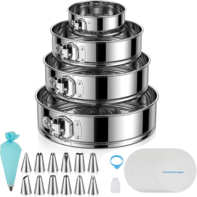 Aufind Springform Pan Set for Baking (4,7,9,10inches), 304 Stainless Steel Springform Cake Pan with Removable Bottom, Cheesecake Pan with 50PCS Parchment Paper for Pie Cake Pizza and Quiches