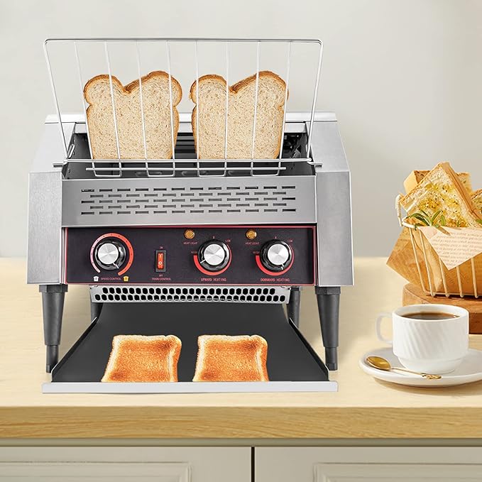 Commercial Conveyor Toaster 2600W, 450 Slices/Hour Stainless Steel Bread Oven with Dual Temp Control & Double Chutes - 7-Speed Adjustable