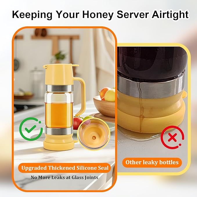 Neodaco Glass Honey Dispenser No-drip with Handle – 9 oz Maple Syrup Container Honey Jar for Coffee, Pancakes & Waffles
