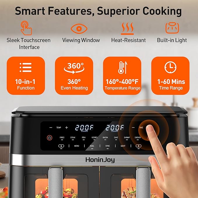 12QT Large Double Basket Air Fryer with 50PCS Paper Liners and Viewing Window, 12-in-1 Digital Touchscreen Dual Zone Air Fryers for Easy Meal, SyncCook to Roast,Reheat,Broil, Dishwasher Safe