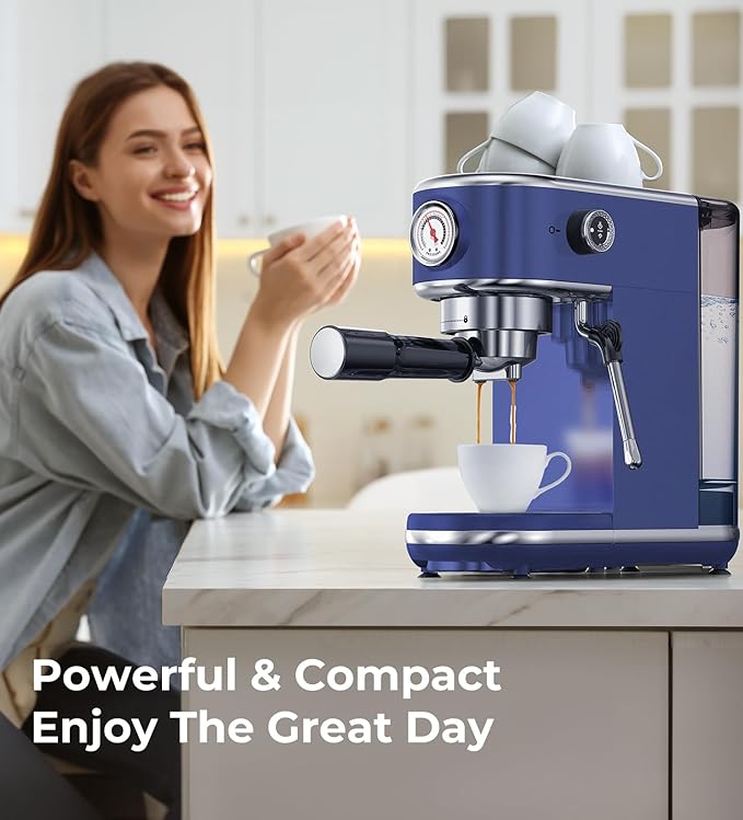 atatix 20 Bar Espresso Machine with Milk Frother, Compact Espresso Maker, Stainless Steel Coffee Machine with Precise Temp Control & 44oz Removable Water Tank for Latte, Cappuccino, Dark Blue