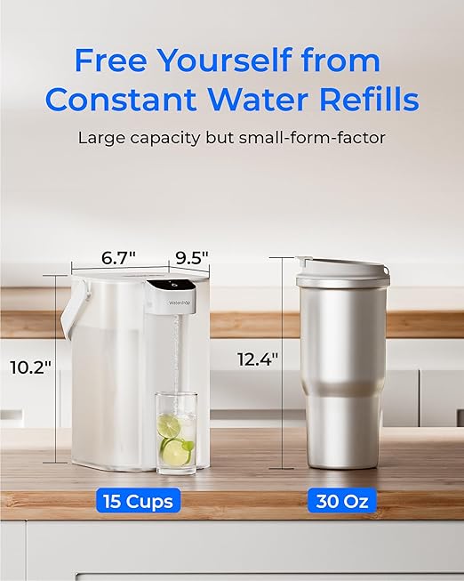 Waterdrop Rechargeable Water Filter Pitcher, Reduce 99.6% of Lead and 45+ Impurities, 6-Month Electric Water Dispenser, Instant 15-Cup Countertop System, NSF/ANSI 401&53&42&372, NOT Reduce TDS