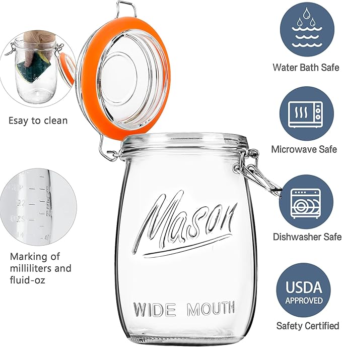 Anwoi Wide Mouth Glass Jars with Airtight Lid 32OZ 4 Pack, Kitchen Storage Large Clear Canister Jars with Hinged Lid with Measurement Marks For Canning,Coffee,Flour,Sugar,Beans
