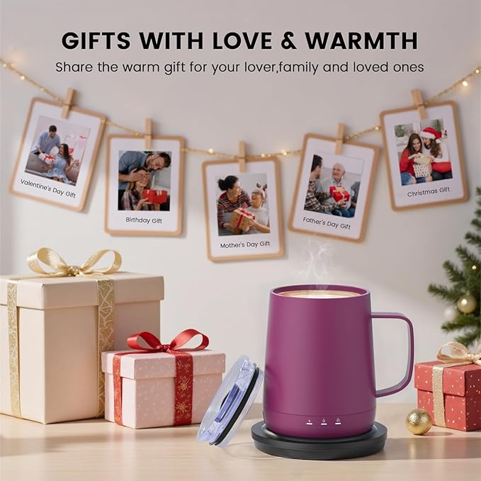 Smart Self Heating Coffee Mug,14oz Temperature Control Coffee Mug,Hot up to 150°F,Rechargeable Heated Coffee Mug,Up to 6H Battery Life,Coffee Cup Warmer,Great Gift for Coffee Lovers,Dad,Mom (Rose Red)