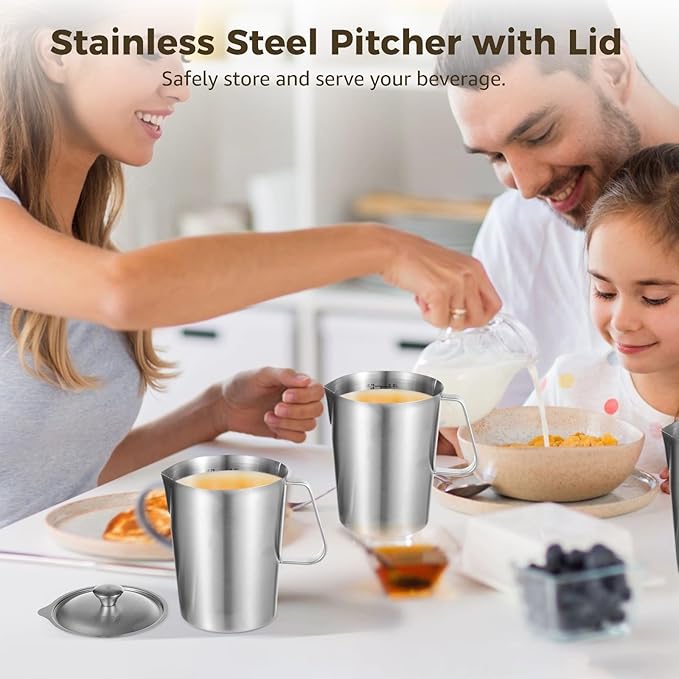 2 Pcs Stainless Steel Pitchers with Lids, 70 oz Measuring Cups with Dual-Scale Markings, Milk Frothing Jugs, Large Beakers for Espresso Machine, Hot/Cold Water, Latte Art, Iced Tea