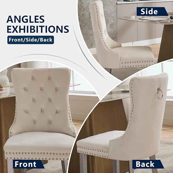 Velvet Dining Chairs Set of 2, Kitchen & Dining Room Chairs, Upholstered Dining Chairs with Back Ring Pull and Silver Solid Wood Legs, Modern Tufted Kitchen Chairs for Dining Room, Cream