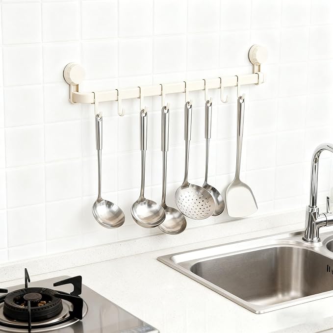 2026 Upgrad Wall Hooks Rack, Space Saving Utensil Holder for Kitchen Bathroom, No Drilling Wall Mounted Accessory Hanger, Kitchen Rail for Hanging Cooking Utensils Mugs Spoons (White_D)