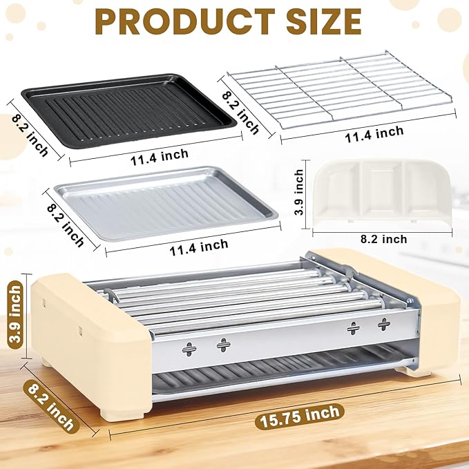 Electric Hot Dog Roller 3 in 1 Indoor Grills Portable with Non-stick & Smokeless Removable Grill & BBQ Griddle Plate, Stainless Sausage Grill Cooker Machine Fits 9 Sausage for Family Party