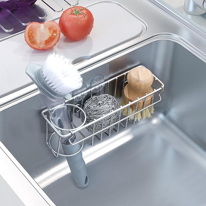 3-In-1 Sponge Holder for Kitchen Sink with Suction Cups & Adhesive Hook , In-sink Sponge Holder, Wall Hanging Sink Caddy Organizer Rack - Sponge, Dish Cloth, Brush, Scrubber - 304 Stainless Steel
