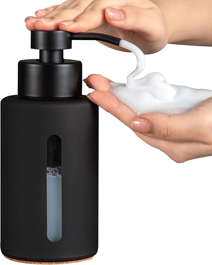 Enra Thick Glass Foaming Soap Dispenser with Clear Window,12oz Black Bathroom Soap Dispenser with Stainless Steel Pump, Modern Boho Refillable Pump Bottle for Bathroom Kitchen (Foam-Black)